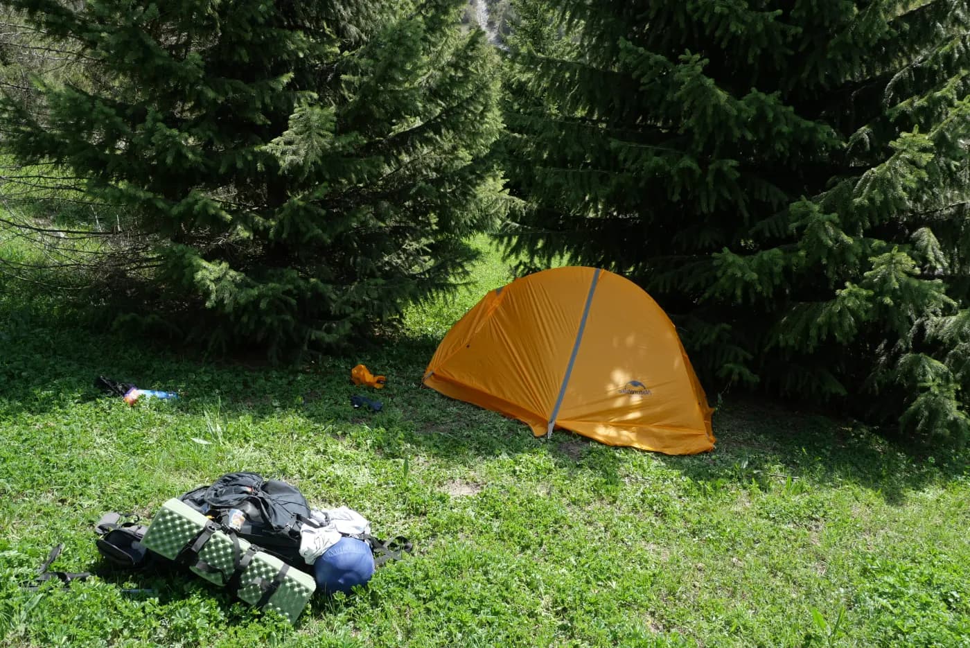 Wild camping with a tent in Kara-Koy near Osh, Kyrgyzstan
